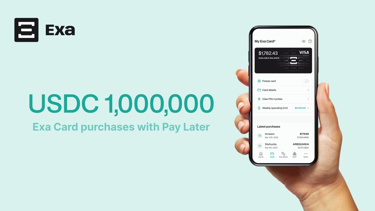 Exa_App's tweet image. Pay Later mode on the Exa Card just hit 1,000,000 USDC in total processed volume 🚀