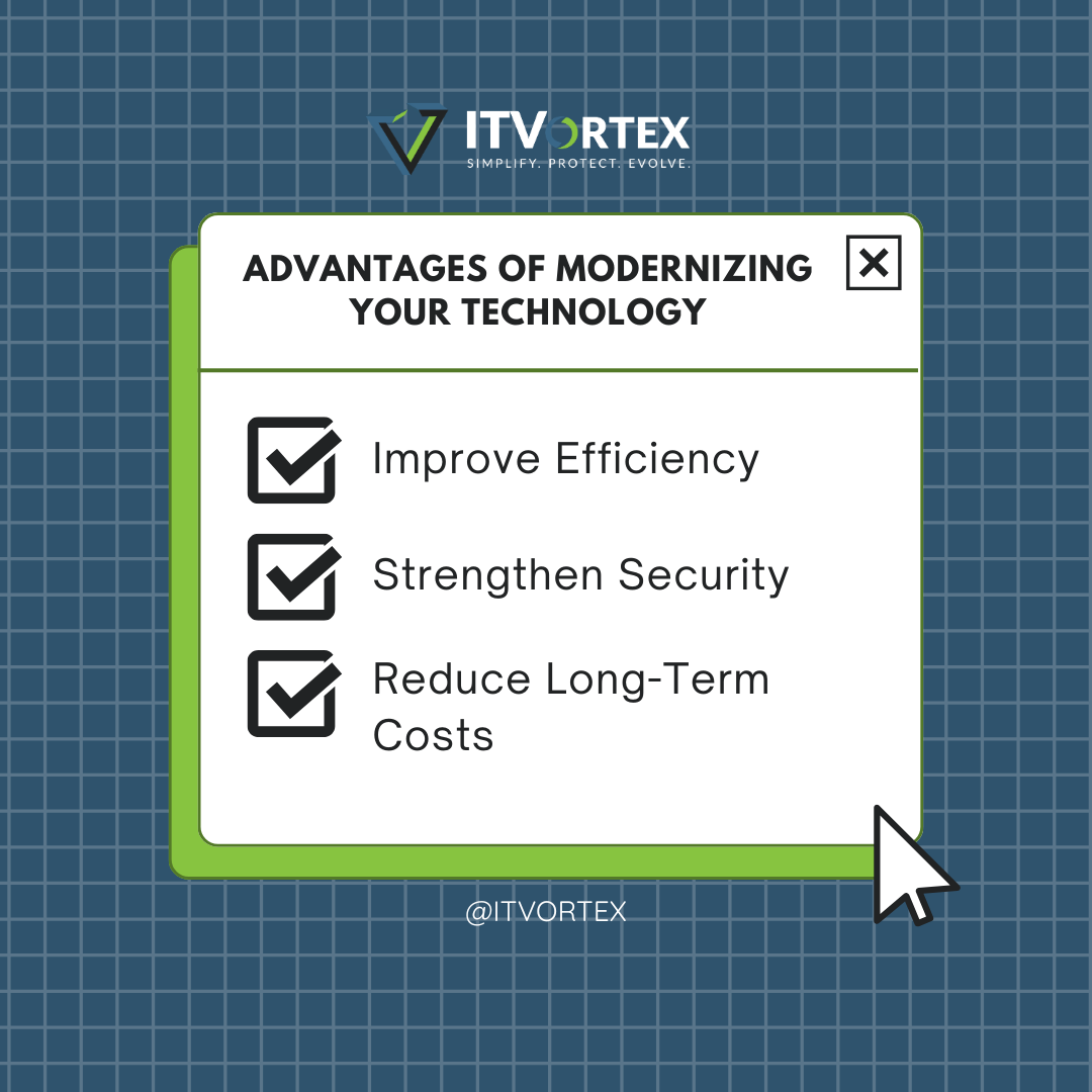 ITVortexLLC's tweet photo. To avoid any risks for any business, it’s essential to modernize your IT infrastructure to improve efficiency, strengthen security, and reduce long term costs.👨‍💻  Book a consultation with us about switching to a modernized upgrade. Link in the bio! #IT #ITVortex https://t.co/j7Ehh6L0uv