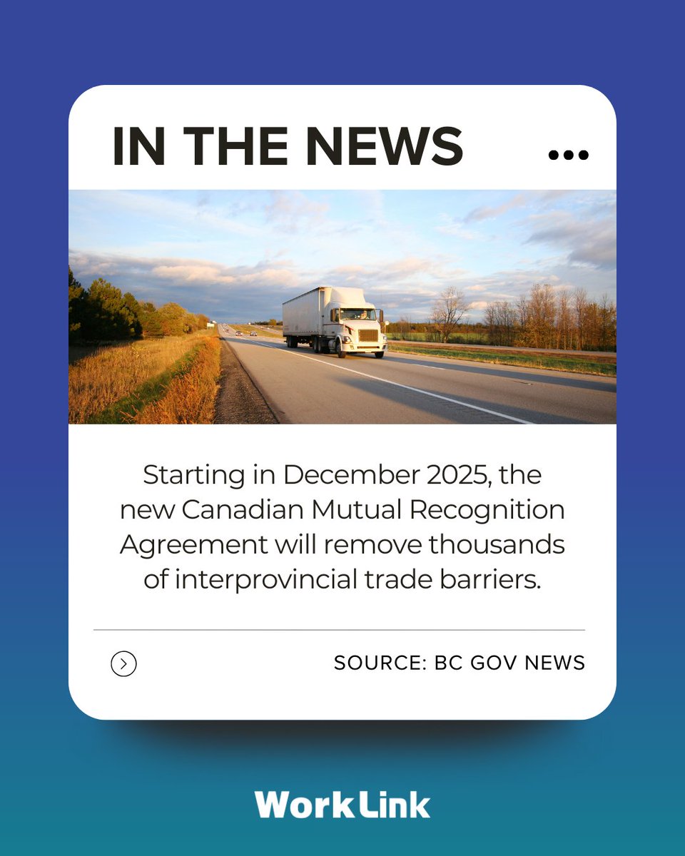 Worklink's tweet image. 📦 Big news for B.C. businesses!
The new Canadian Mutual Recognition Agreement is cutting trade red tape—making it easier to sell across Canada. More growth. More jobs. More opportunity.

🔗 Source: news.gov.bc.ca/releases/2025J…

#WorkLink #InTheNews #BCBusiness