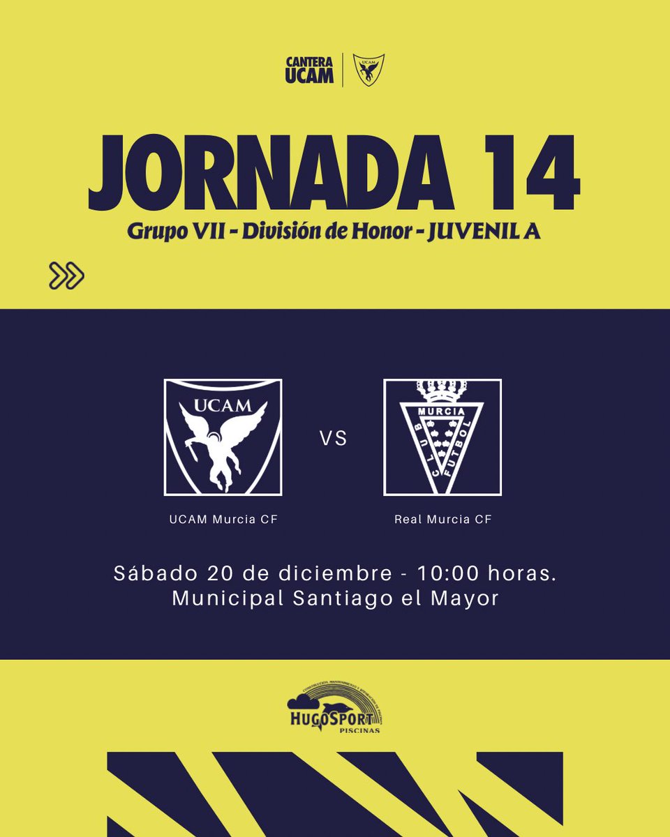 📌 𝐉𝐔𝐕𝐄𝐍𝐈𝐋 𝐀 | 𝐔𝐧 𝐩𝐚𝐫𝐭𝐢𝐝𝐨 𝐩𝐚𝐫𝐚 𝐧𝐨 𝐟𝐚𝐥𝐭𝐚𝐫:

🏆 J.14 - G.VII División de Honor.
📅 Sábado 20 dic.
🆚 <a href="/canteragrana/">Cantera Grana</a>.
⌚️ 10h. 
🏟️ Mpal. Santiago el Mayor. 
💙 Entrada GRATUITA. 

⭐️ 𝐏𝐢𝐬𝐜𝐢𝐧𝐚𝐬 𝐇𝐮𝐠𝐨𝐒𝐩𝐨𝐫𝐭

#UCAMMurciaRealMurcia | #CanteraUCAM