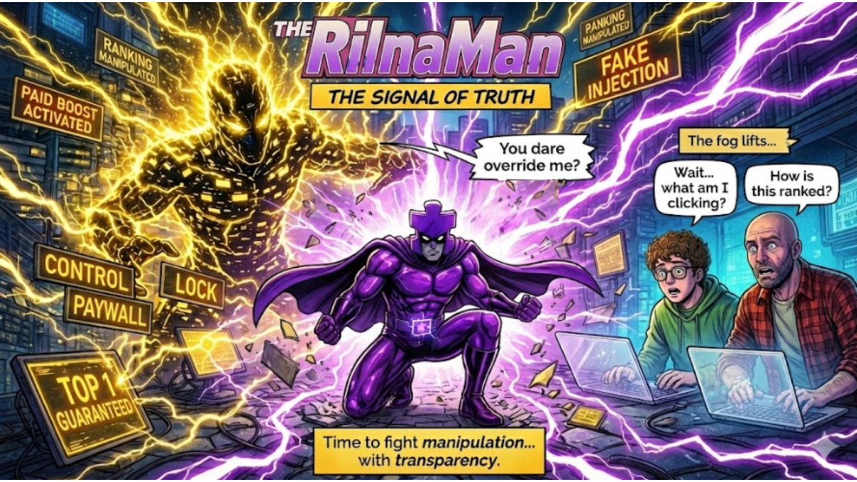Rilna_software's tweet photo. Episode 3 of RilnaMan:
Not every “Top 1” is honest.
The Disruption buys rankings.
RilnaMan fires the Signal of Truth so users finally ask:
“Wait… what am I clicking?” https://t.co/kpmlXqFHUA