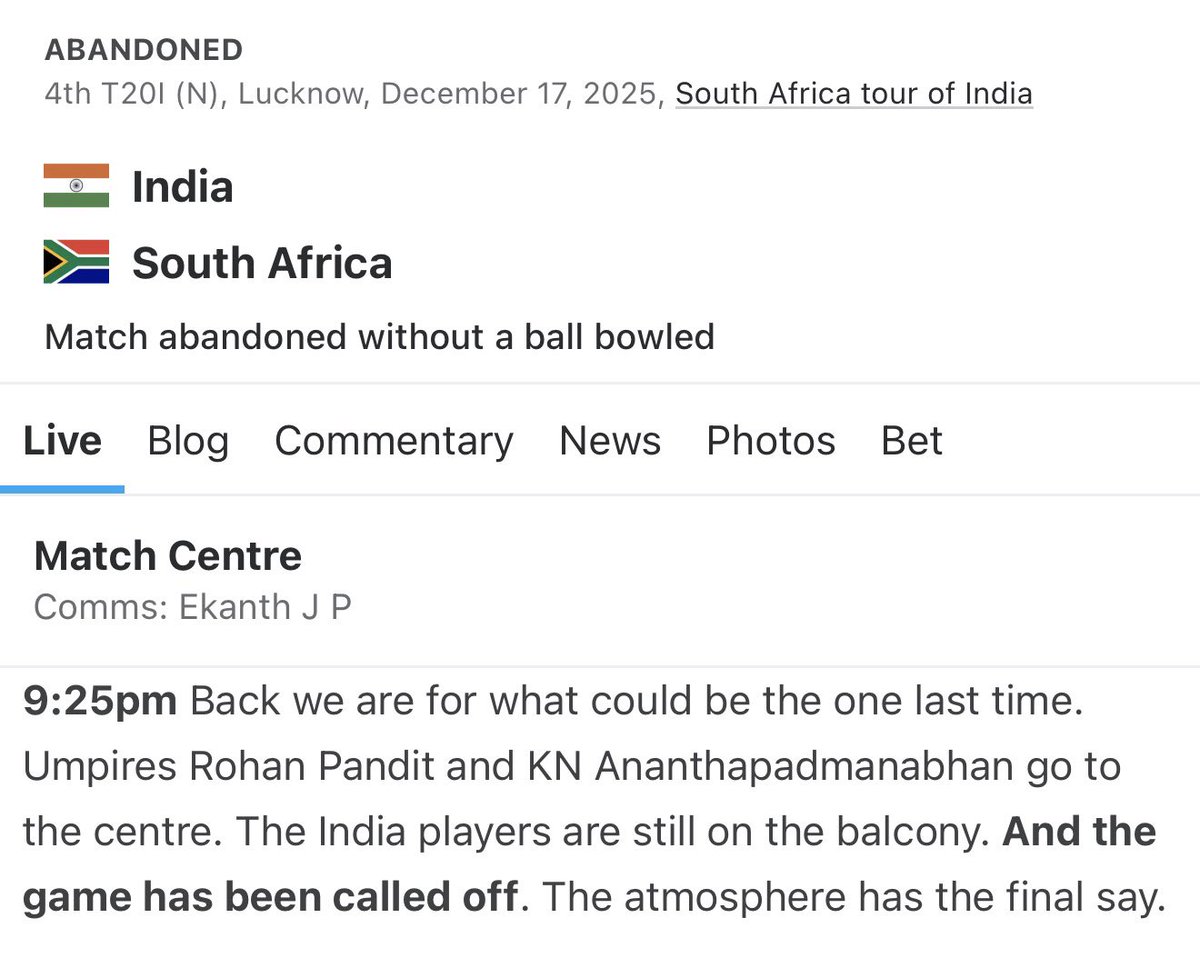 boostar83's tweet image. Can’t recall a 1.01 Match Completed YES getting rolled without a ball bowled.

As cricinfo said “the atmosphere has the final say” on this one. Match abandoned
