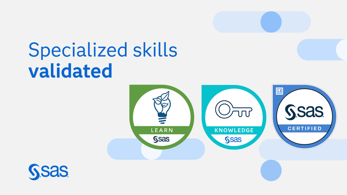 SASsoftware's tweet image. In today's competitive market, verifying your skills matters. A #SASKnowledgeBadge proves your mastery of key SAS tools — fast. 
✔ Earned by passing a SAS Knowledge Assessment
✔ Shareable on LinkedIn, Twitter, and your resume
Get started → 2.sas.com/60177n14P