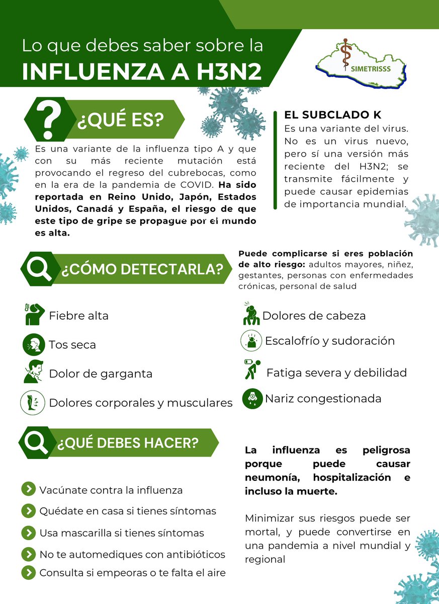 #SaludSV| Ante el aumento de casos de Influenza A (H3N2) en las Américas, <a href="/SIMETRISSS/">SIMETRISSS</a> comparte información para identificar sus síntomas y advierte que esta enfermedad puede provocar complicaciones graves como neumonía, hospitalización e incluso la muerte.