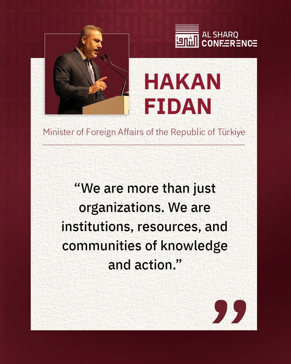 مقتطفات من كلمة السيد هاكان فيدان <a href="/HakanFidan/">Hakan Fidan</a>، وزير الخارجية التركي، في مؤتمر الشرق الشبابي الدولي التاسع "تشكيل الشرق: من الرؤية إلى التأثير" الذي انعقد في إسطنبول يومي الجمعة والسبت 12 و13 ديسمبر 2025 بحضور أكثر من 3000 مشاركا من 40 دولة.

Snippets from the speech of Mr. Hakan