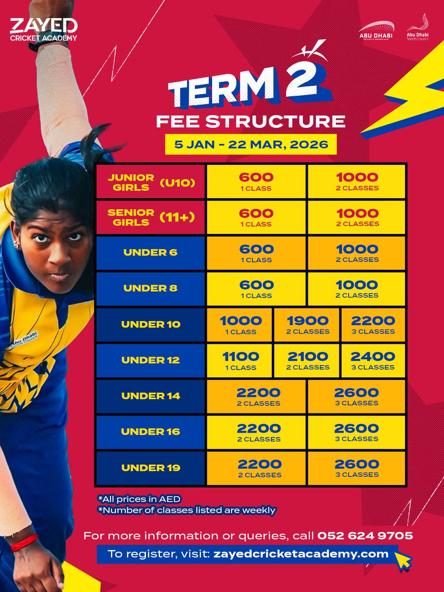 Term 2️⃣ registrations are now open! 🏏

Swipe ◀️ to see schedule and pricing structures 👊

Send us a DM or message us on 052 624 9705 for registrations and more details 📲

#Wearezayed #AbuDhabiSportsHub #EveryDayIsGameday #InAbuDhabi