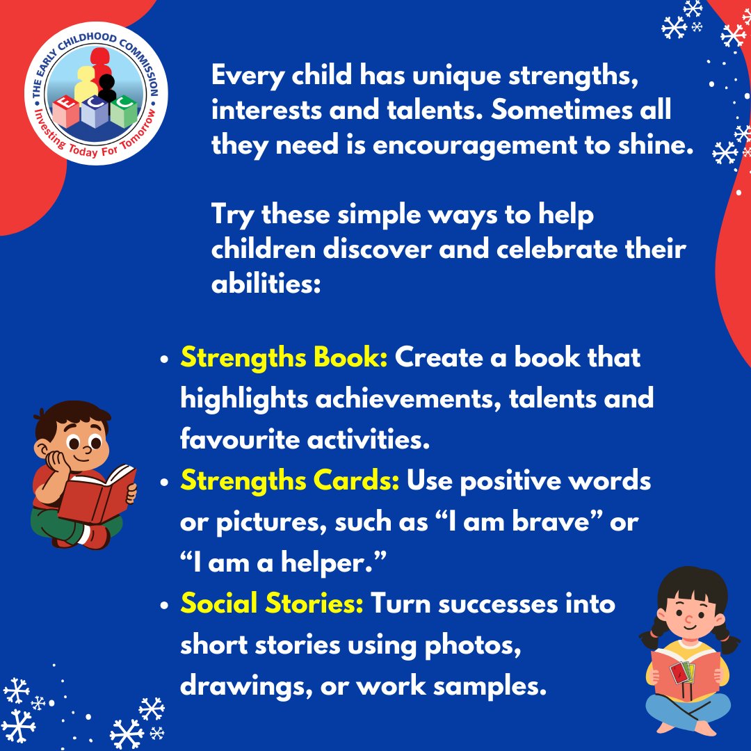ECCJA's tweet image. 🌟 Every child has unique strengths, let’s help them shine this holiday season! 💛
👉 Try one fun activity to celebrate a child’s strength today. 🌱
#12StandardsMatter #EarlyYearsMatter #HighlightStrengths