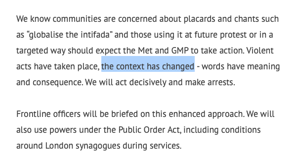 Police will arrest people chanting “Globalise the intifada” now because @MetPoliceUK and @GMPolice say that “the context has changed”.

The context has not changed. It always meant kill the Jews, wherever they are.

The only thing that has changed is that police failing to act