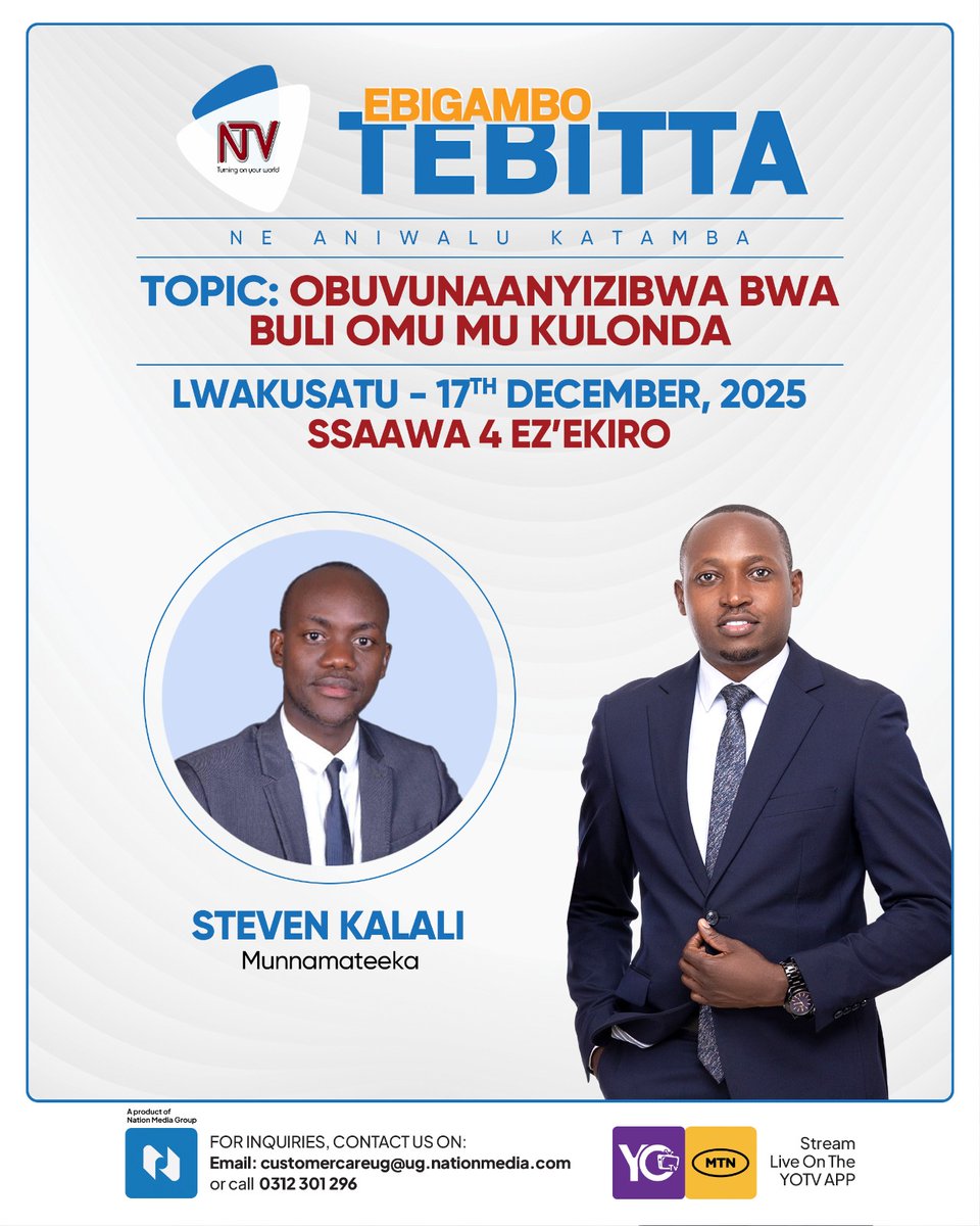 KalaliSteven's tweet image. TUNE IN: We are looking at the citizenry responsibility in the electoral process. After the #NTVNews, don't rush to bed.   

#EbigamboTebitta  @ntvuganda
