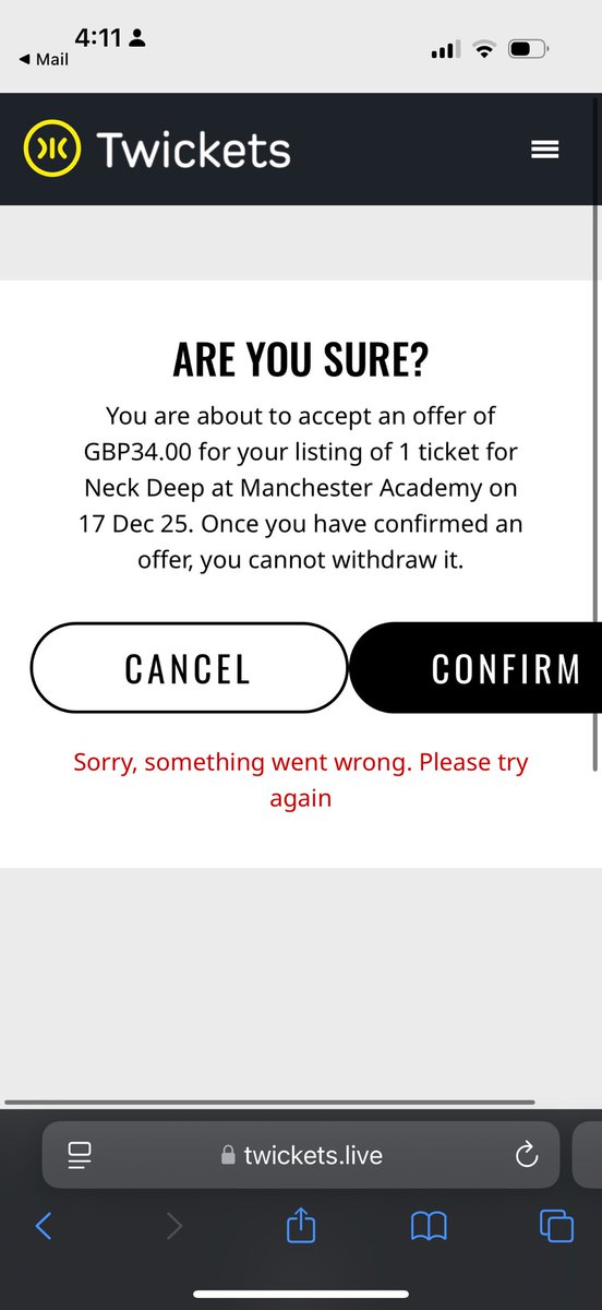 g0ldstep5's tweet image. @Twickets trying to accept an offer on a ticket and getting an error message. the concert is in 3 hours help !