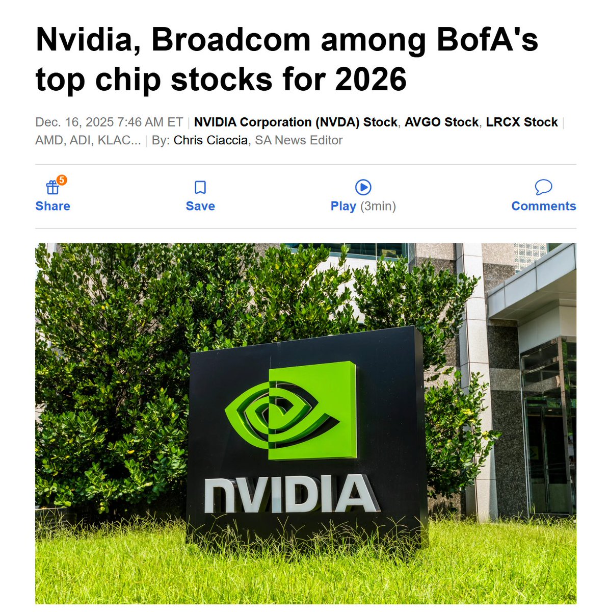 🚨 INVESTING : "Le migliori azioni nel settore dei semiconduttori secondo Bank of America per il 2026: Nvidia, Broadcom e Lam Research in cima alla lista!"