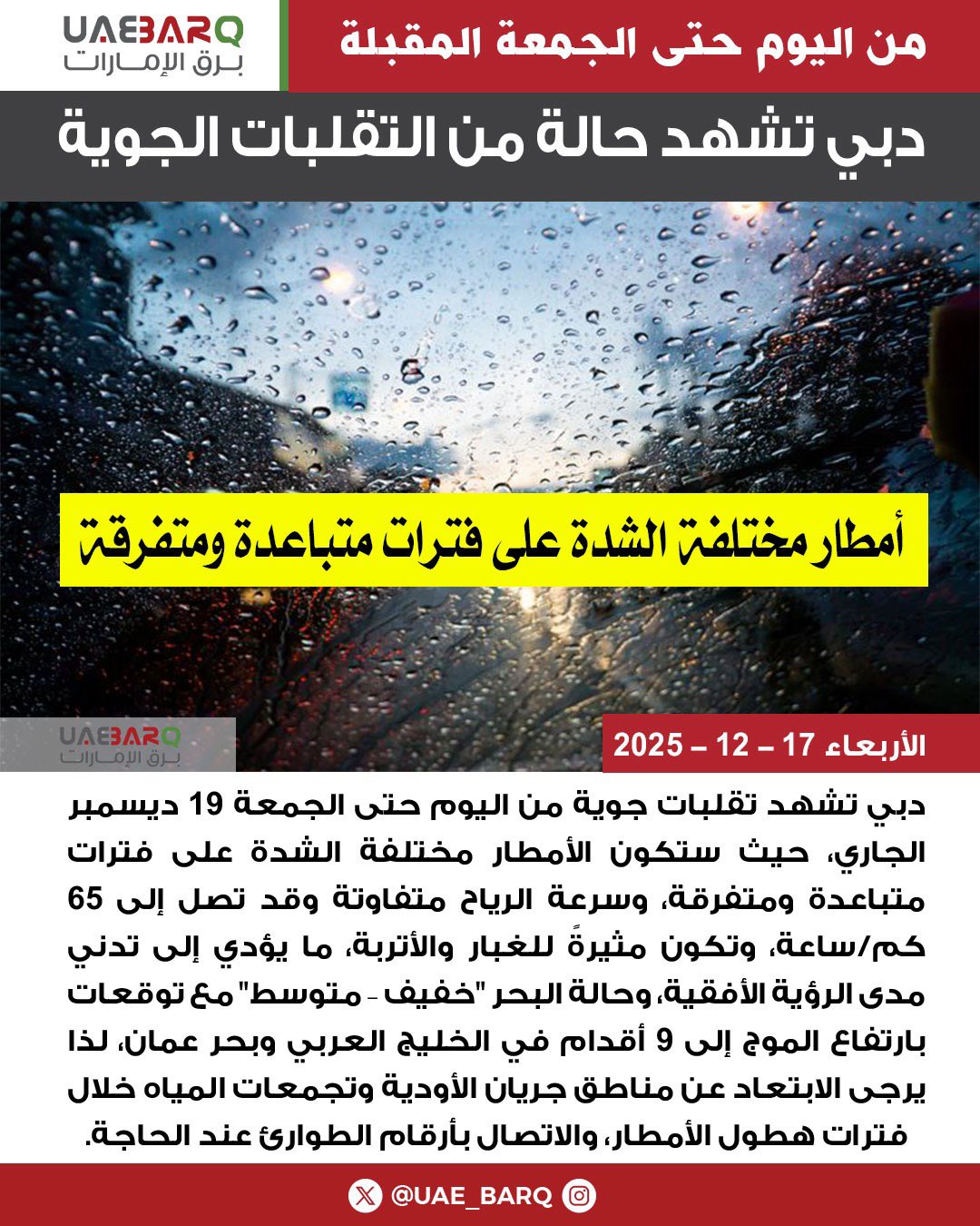 من اليوم حتى الجمعة المقبلة.. دبي تشهد حالة من التقلبات الجوية. 