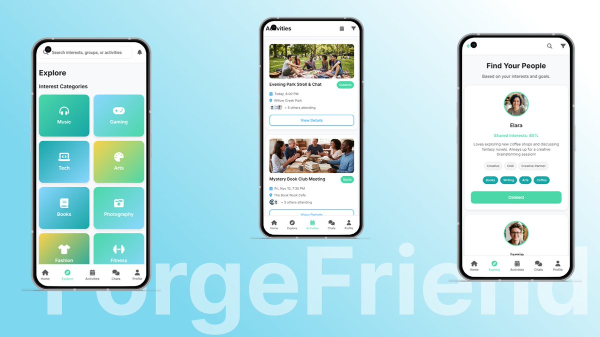uiux_solomon's tweet photo. Completed this design challenge by Kingsley Orji . 

App design is completely done and iterated using https://t.co/rzz0JodEWe.

Friendforge is a social app that helps people build genuine friendships through shared interests (not dating).

#Moonchild.ai #Designchallenge #Mobileap https://t.co/KyOUJMxex2