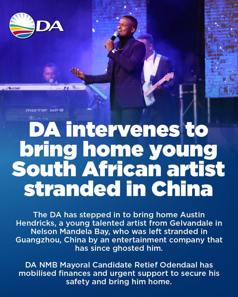 The DA has acted urgently to help bring home Austin Hendricks, a talented artist from Gelvandale after he was abandoned in China. DA NMB mayoral candidate Retief Odendaal stepped in immediately, mobilising support to secure the artist’s safety and return home. Read more: