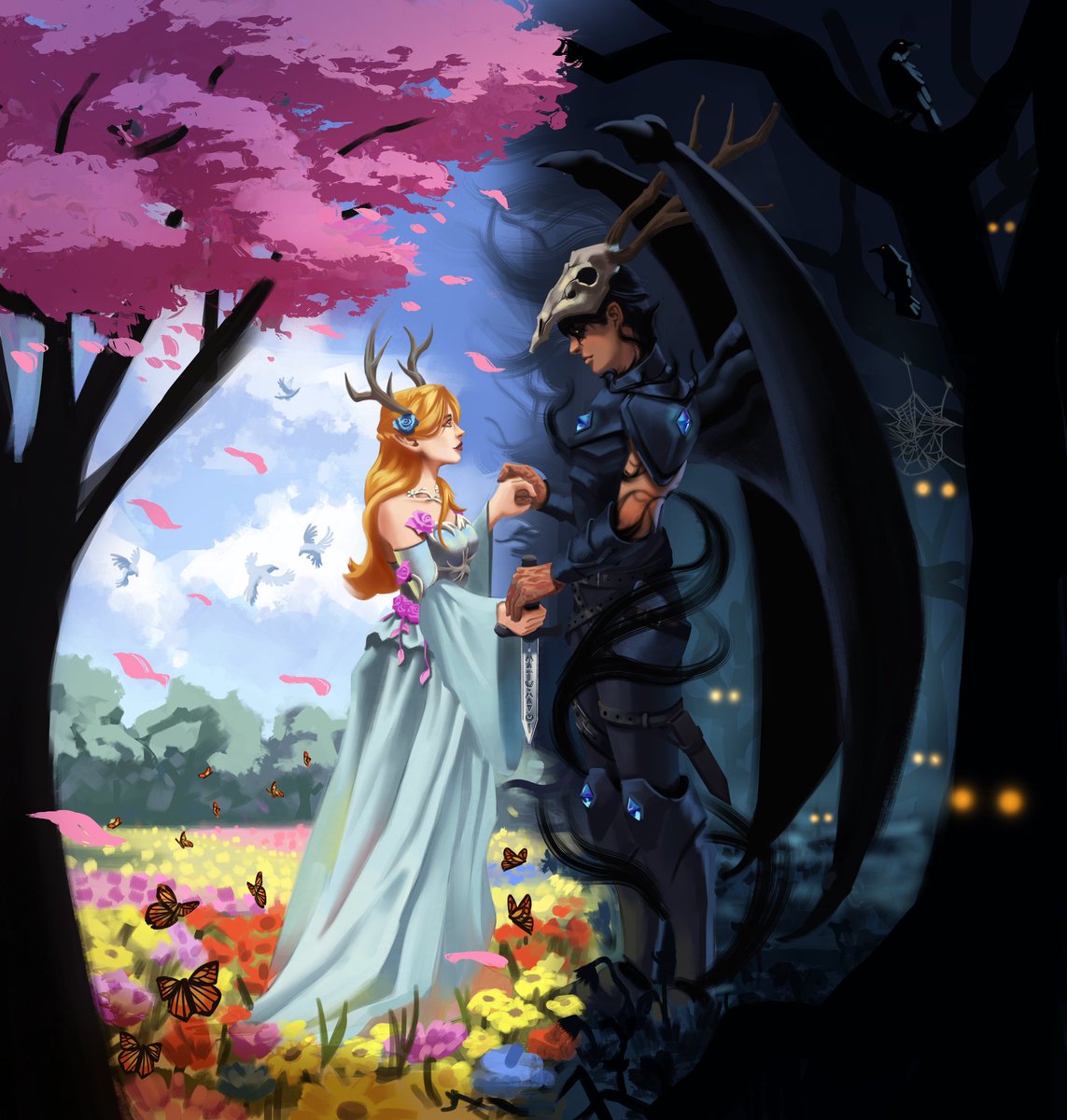 elanjuss's tweet image. "The lovely fawn, blooming spring vibrant behind her. Standing before Death, shadows and terrors lurking over his shoulder. Light and dark, the space between their bodies a blend of the two. The only bridge of connection...that knife"

🎨: sanchiroart
Comm: aoitavacorte/commelain