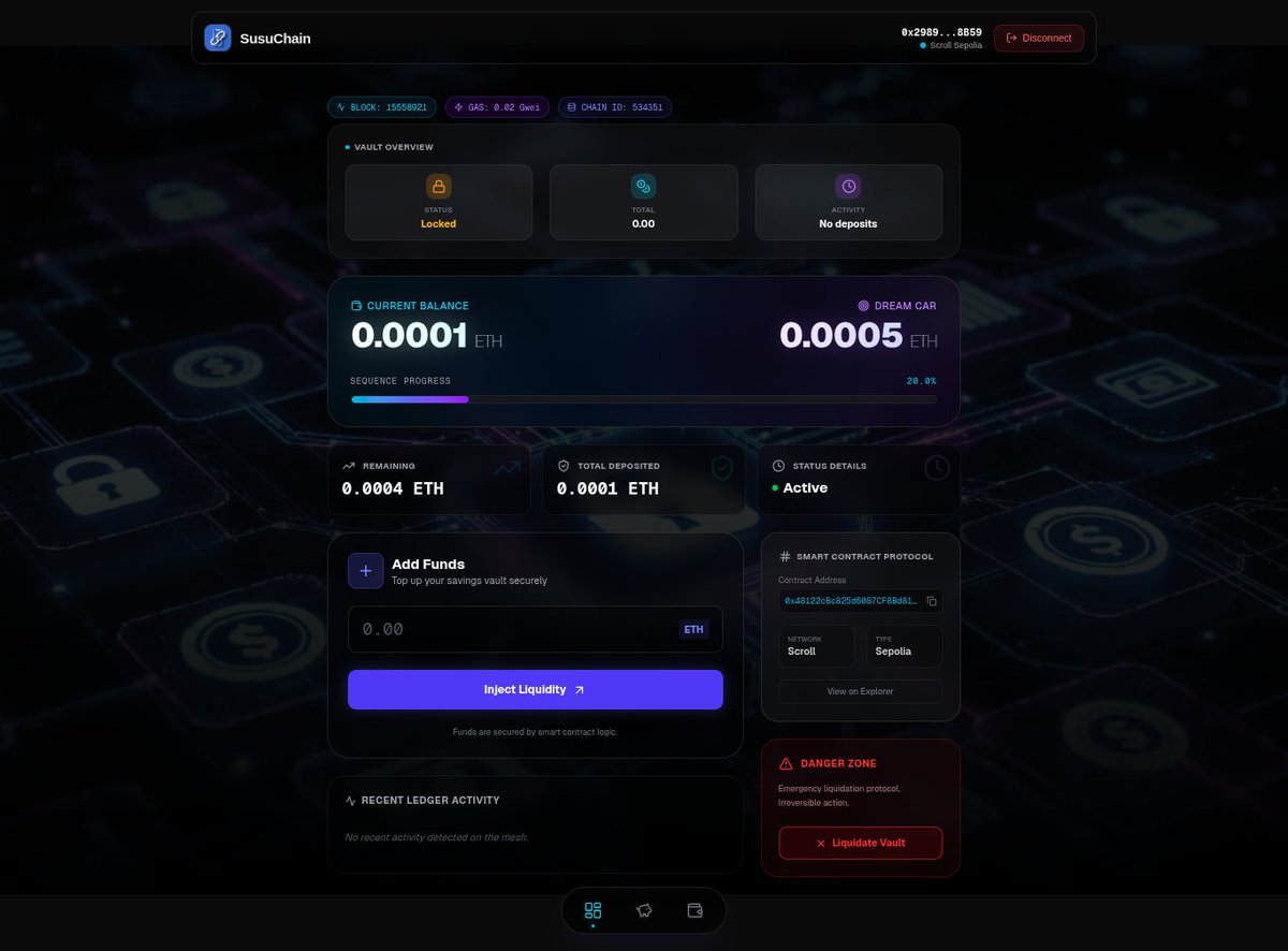 sousubox's tweet photo. 👀 Sneak peek at the SusuChain Dashboard

Users can see: 
• Savings balance 
• Target goal 
• Progress toward emergency fund
Simple, clear, and mobile-friendly.
📸 UI preview: [Add dashboard screenshot]
👉 #ScrollBuilders 
@Scroll_ZKP  @kayabalabshq https://t.co/S854pTpS6i