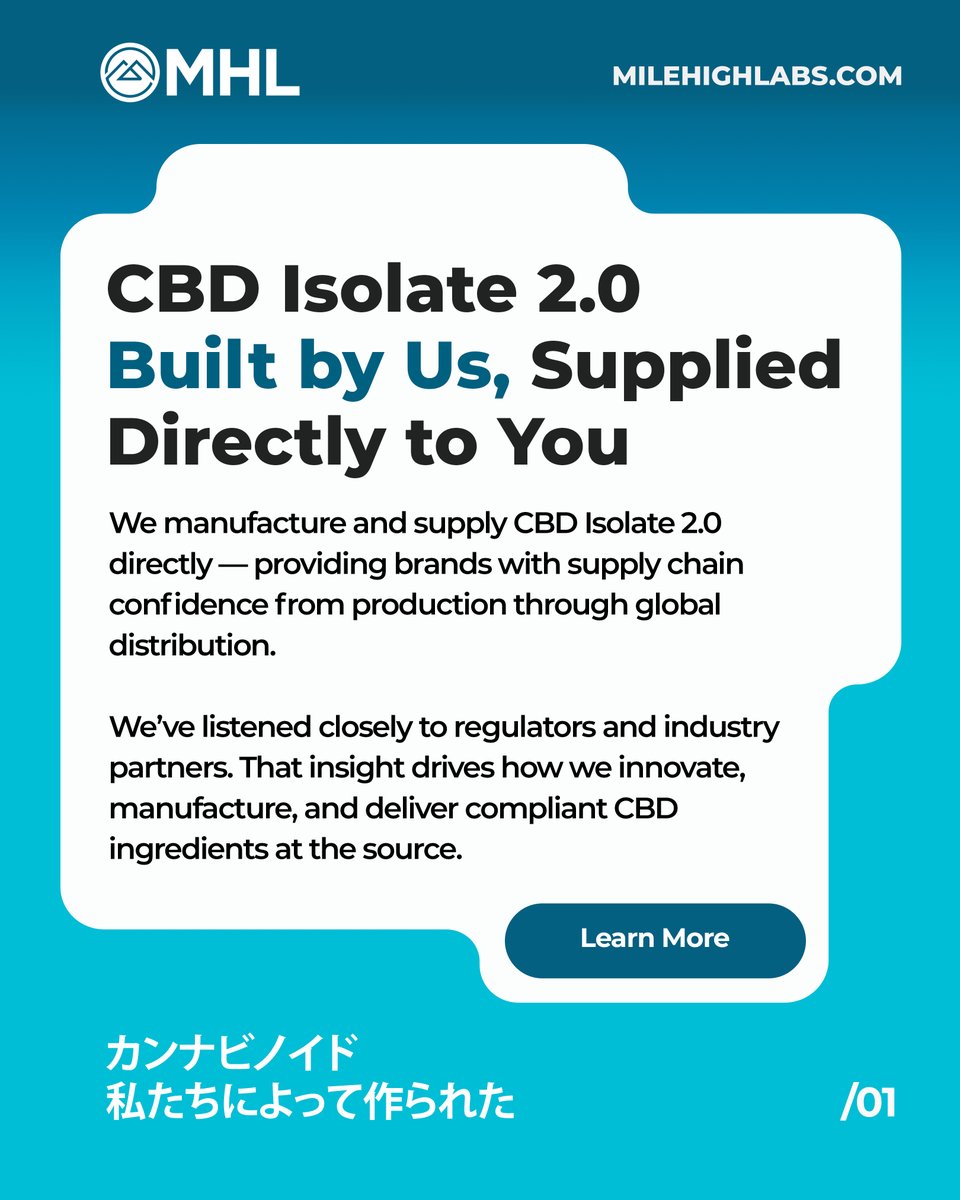 MileHighLabs's tweet photo. Built by us. Trusted by you.

During our time in Japan, one message came through clearly: who you source from matters.

Mile High Labs already supplies CBD ingredients into Japan and supports some of the world’s most recognized CBD brands globally. We don’t operate as a middle layer — we manufacture and supply directly, giving partners clarity, control, and confidence from production through global distribution.

Sourcing from the manufacturer isn’t just about efficiency. It’s about:
• Process transparency
• Quality control at every stage
• Clear documentation for regulated markets
• Reduced risk compared to non-manufacturing suppliers

We’ve listened closely to regulators and industry partners. That insight shapes how we innovate, manufacture, and supply CBD Isolate 2.0 — at the source.

Long-term success starts with who builds your ingredient.