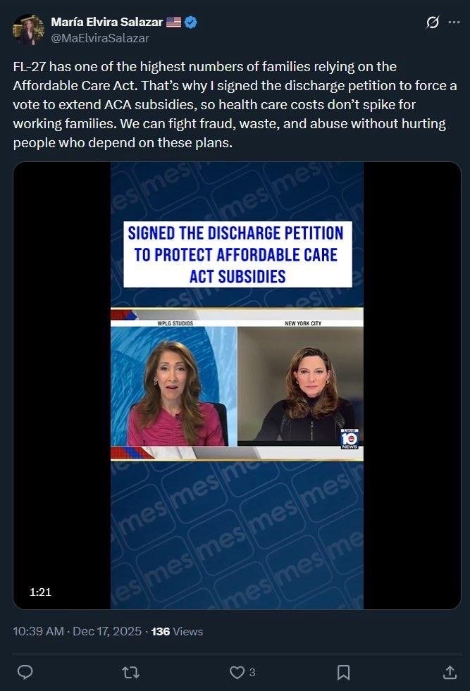 👀 <a href="/MaElviraSalazar/">María Elvira Salazar 🇺🇸</a> appears to have deleted a post where she says she signed on to the discharge petition to force ACA subsidy vote

Jeffries’ 3-year ACA extension bill was frozen after the petition reached 218