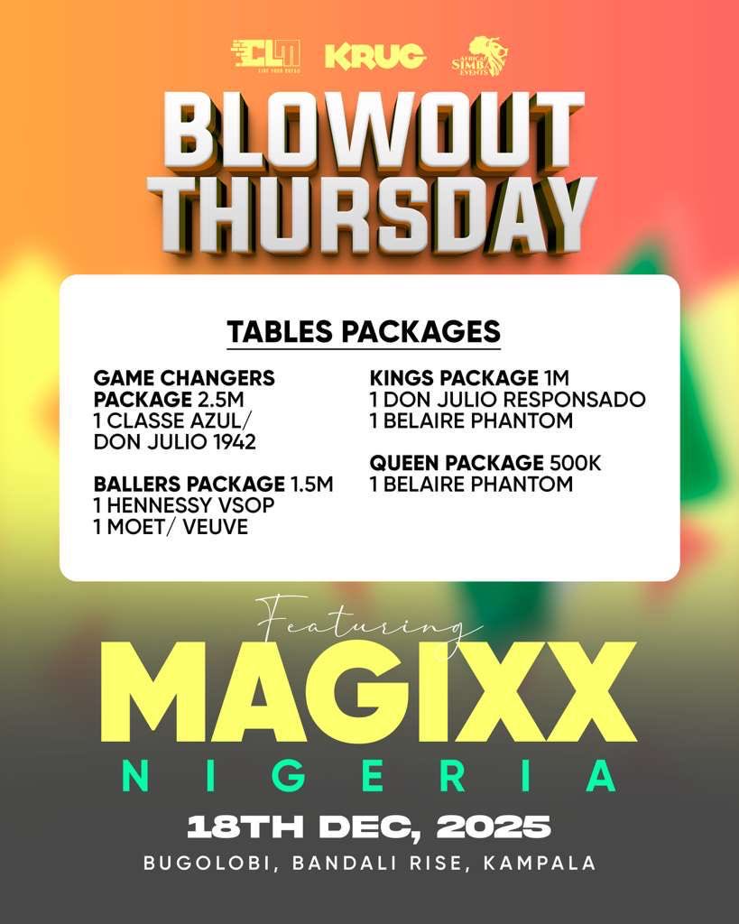 Nigeria's own <a href="/Iam_Magixx/">Magixx</a> live on stage at <a href="/krug_ug/">KRUG UG</a> for the launch of #BlowoutThursday tomorrow!!

 Pure Afrobeats and insane energy with <a href="/DjAludah/">Sir. Aludah 👑</a> on the decks!  

📅 Thursday, 18th Dec 2025  

📍 Plot 1, Bandali Rise.