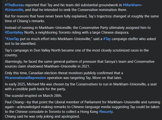 Elon1reeve96's tweet image. Conservative incumbent #BobSaroya, first elected in 2015 and re-elected in 2019, was defeated by Liberal candidate #PaulChiang. ..#Chiang—an #exPolice officer—won the seat for Justin Trudeau’s Liberals.
In the years that followed, #TheBureau, author, #investigativeJournalist,