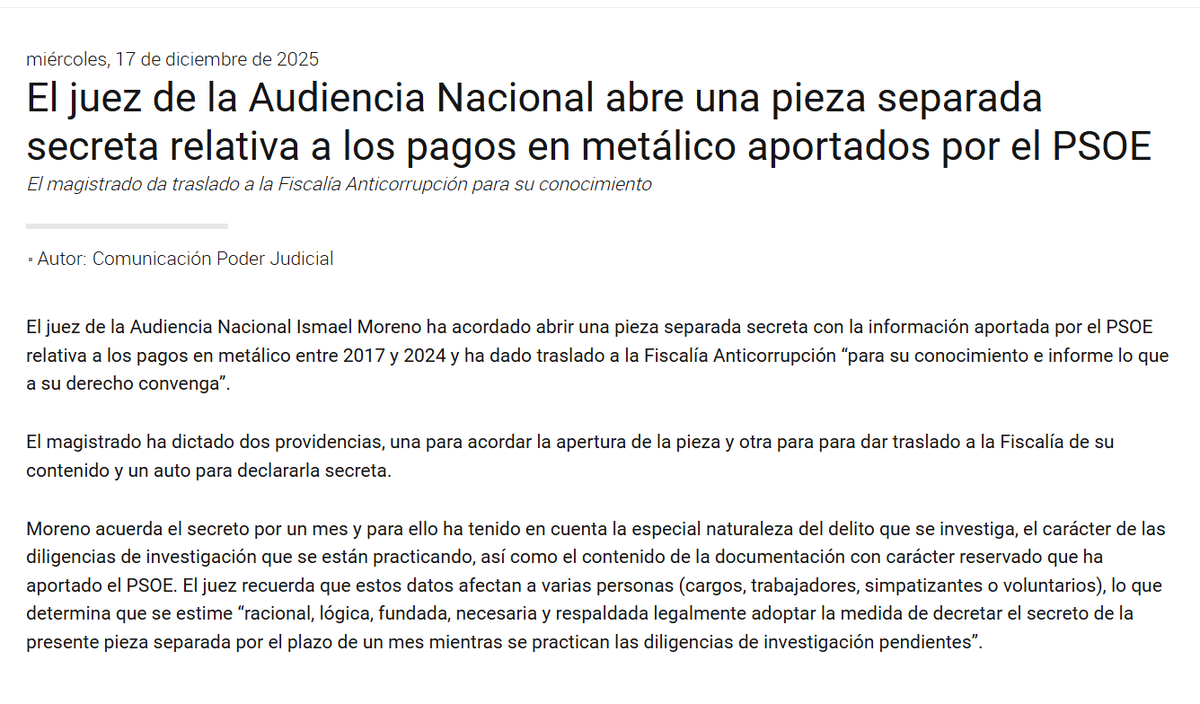 El titular del Juzgado Central de Instrucción nº 2  abre pieza separada por los pagos en metálico del PSOE. Decreta secreto de actuaciones durante un mes, sin perjuicio de ulteriores prórrogas.
Más info en: 
poderjudicial.es/cgpj/es/Poder-…