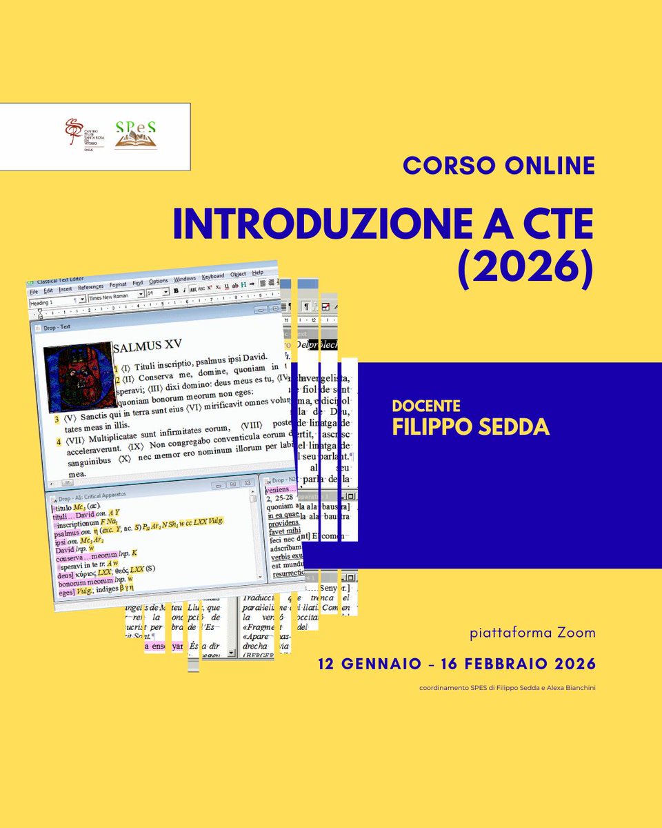 📣 Torna il corso “Introduzione a CTE (2026)” 🚀

📅 Quando?
Le lezioni si terranno online, ogni lunedì dalle 17 alle 19, dal 12 gennaio al 16 febbraio 

Dettagli e
modulo di iscrizione disponibili al link ↩️
 bit.ly/458N422

#SPeS #CSSRV
#CTE #ClassicalTextEditor