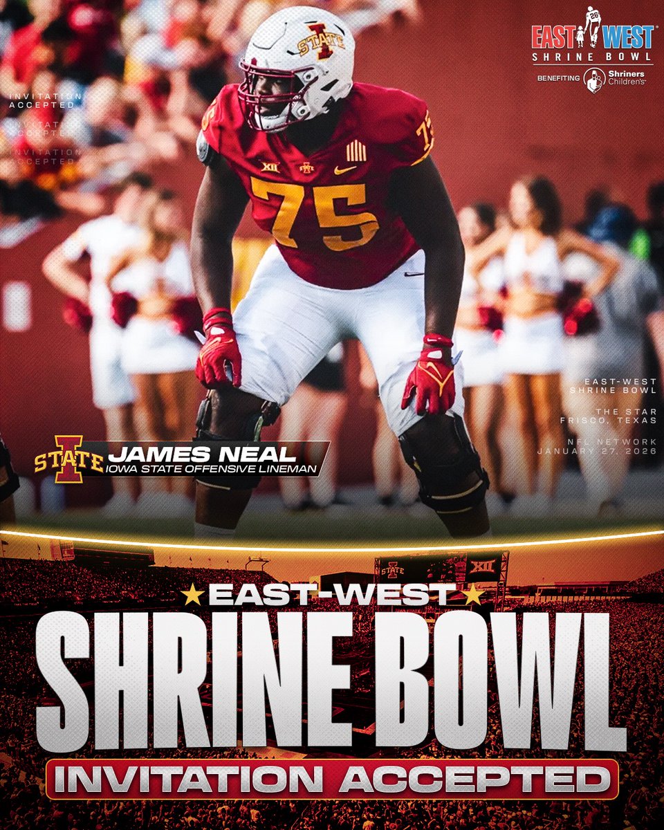 Invitation Accepted

<a href="/CycloneFB/">Iowa State Football</a> OL James Neal (<a href="/BigJay_015/">James Neal</a>) is locked in for the East-West Shrine Bowl! 🌪️

#ShrineBowlWHOSNEXT 😎