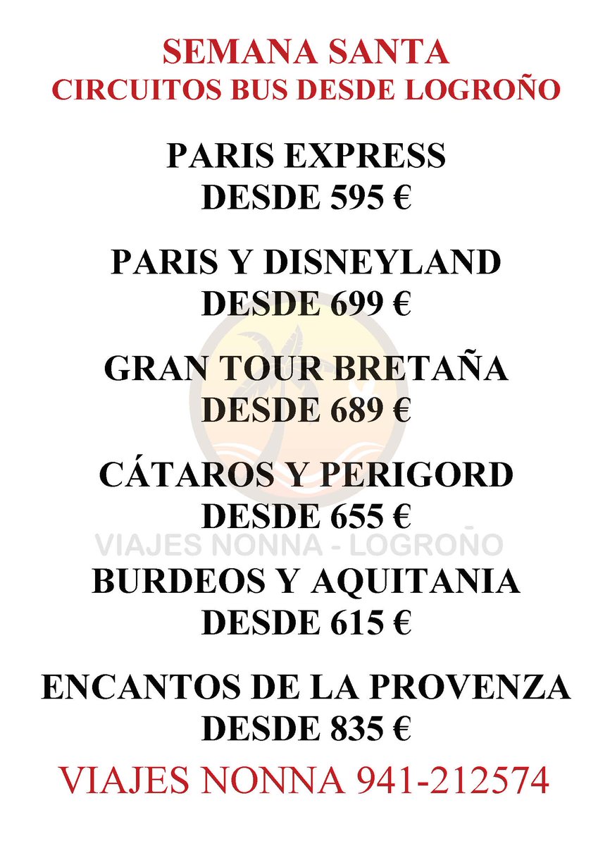 ViajesNonna's tweet photo. Circuitos en bus en Semana Santa por Francia con salida en bus desde Logroño. Ya a la venta en Viajes Nonna https://t.co/RBALdydOkM