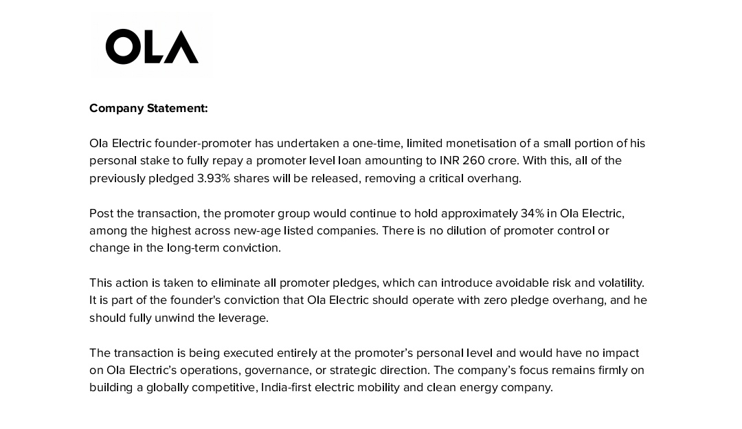 MrigendraSpeaks's tweet image. Promoters cleaning up pledge risk proactively is always constructive.
₹260 cr released, control intact, equity structure simplified.
Not a catalyst, but definitely a de-risking move for Ola Electric.