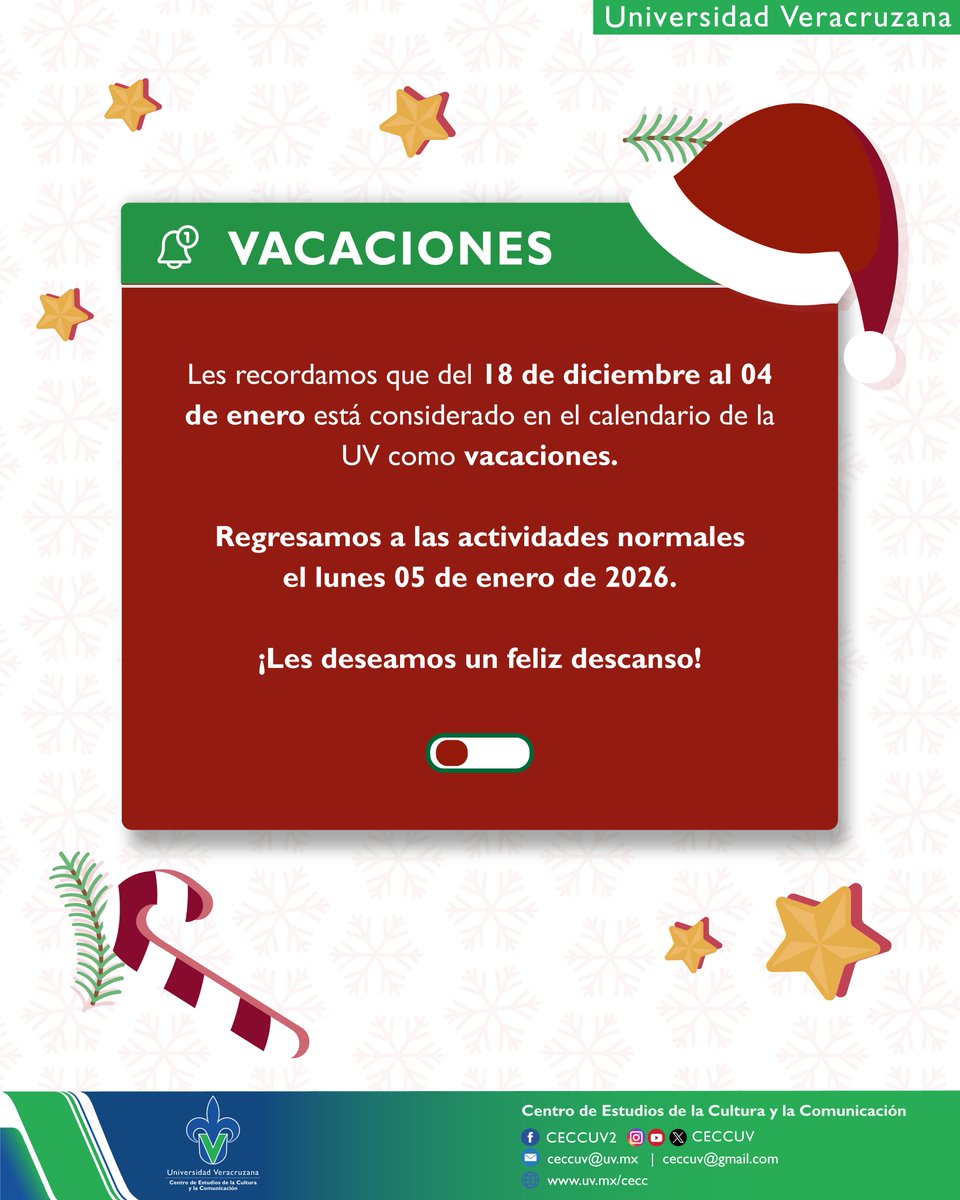 ¡Nos vamos de vacaciones!
Esperamos tengan un feliz descanso que les llene de energía para el próximo año. 
Regresamos a las actividades normales el lunes 05 de enero 2026 ✨