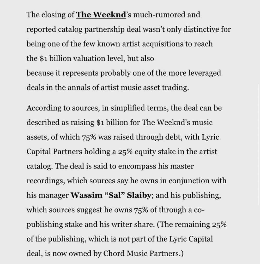 SiteTheWeekndBR's tweet image. The Weeknd não vendeu seu catálogo por US$ 1 bilhão. 🚨

O catálogo dele foi avaliado em US$ 1 bilhão. Ele fez um empréstimo de US$ 250 milhões usando seus álbuns como garantia e os arrendou/licenciou para a empresa de investimentos Lyric Capital, que ficou com 25% de…