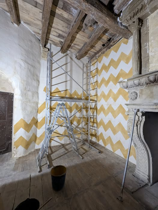 fakehistoryhunt's tweet photo. At Château de Salignac the renovation continues, replacing boring modern plaster with proper lime and of course... paint!
I love seeing colour &amp; patterns being brought back into castles, a much more accurate depiction of what they once looked like.
https://t.co/NNahMkx2yK https://t.co/vlpwyjNccx