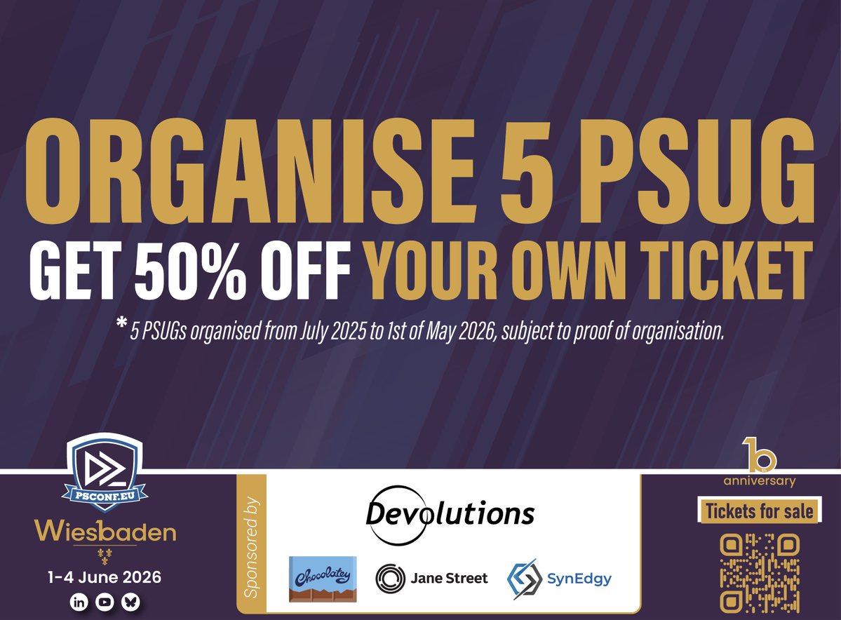 PSConfEU's tweet image. Your dedication deserves recognition! 🌟
Organisers of 5 PSUGs from July 2025 to May 2026 can claim a 50% discount on their #PSConfEU 2026 ticket. Contact us with proof of organisation to benefit from this offer! #PowerShell