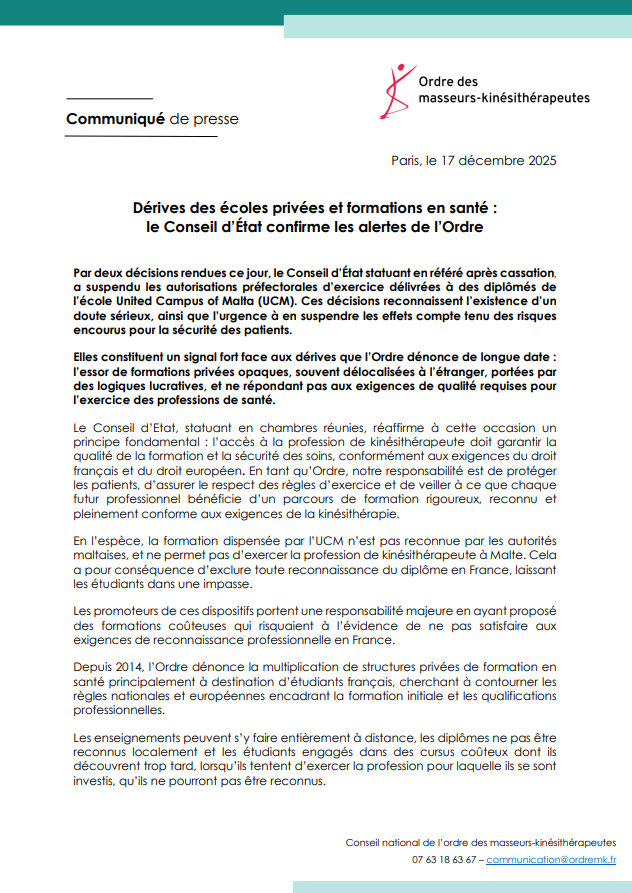 cnomk's tweet photo. [COMMUNIQUÉ DE PRESSE - Dérives des écoles privées et formations en santé : le Conseil d’État confirme les alertes de l’Ordre 📝]

Par deux décisions rendues ce jour, le Conseil d’État statuant en référé après cassation, a suspendu les autorisations préfectorales d’exercice délivrées à des diplômés de l’école United Campus of Malta (UCM). Ces décisions reconnaissent l’existence d’un doute sérieux, ainsi que l’urgence à en suspendre les effets compte tenu des risques encourus pour la sécurité des patients.

Notre communiqué ⤵️
https://t.co/ZcCgiakXOp