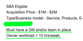 I get this search criteria from searchers every single day.

If you are in the $1M-$2M range, it generally doesn't come with a full manager and less than 10 hours of work per week.

You are looking for a passive investment.

If you are looking for a passive investment, try
