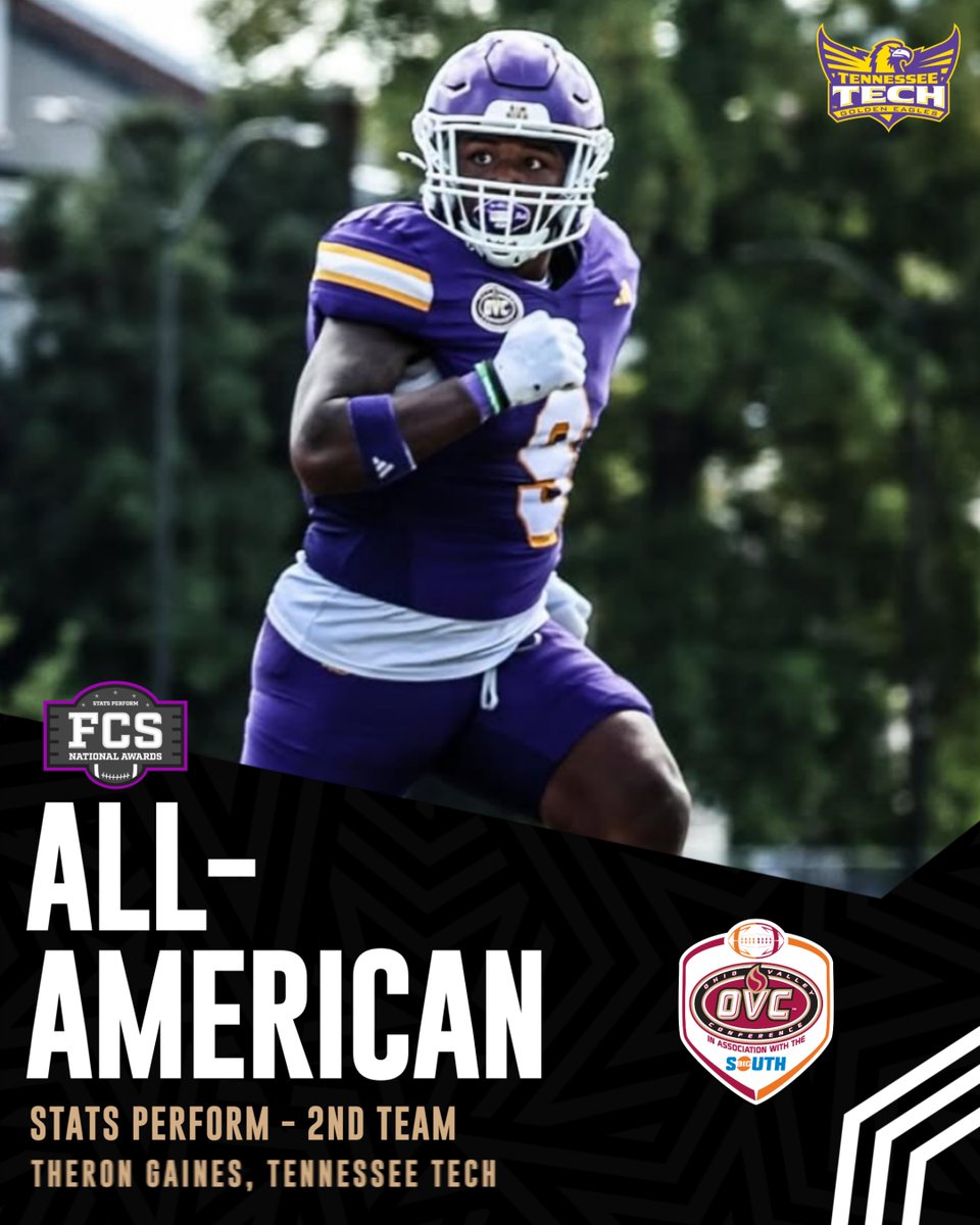 OVCBigSouthFB's tweet image. .@TnTechFootball LB Theron Gaines (@GainesTheron) has been named a 2nd Team 𝗔𝗹𝗹-𝗔𝗺𝗲𝗿𝗶𝗰𝗮𝗻 by @OptaAnalystFCS.

More: bit.ly/4aDtFdf

#WingsUp |  #OVCBigSouthFB