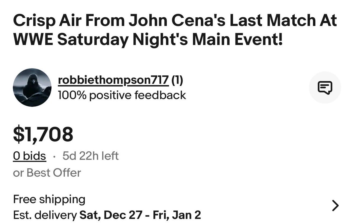 sescoops's tweet image. I wish this wasn’t real, but it is …. Someone is selling a BAG OF AIR from John Cena’s last match - only $1,700! (eBay)