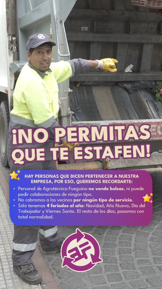 🚨¡NO VENDEMOS BOLSAS!🚨
Durante todo el año, pero más aún en esta época, hay gente que dice pertenecer a nuestra empresa para estafar a los vecinos: intentan venderles bolsas y amenazan con “no recolectar residuos si no compran”.