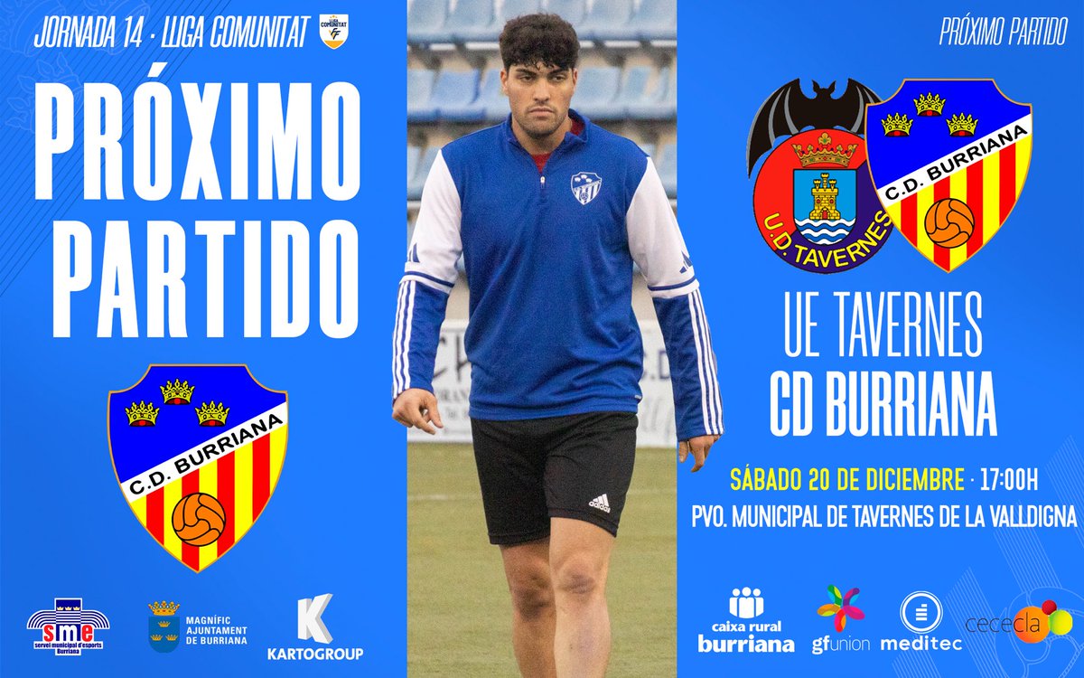 𝗣𝗥𝗢́𝗫𝗜𝗠𝗢 𝗣𝗔𝗥𝗧𝗜𝗗𝗢. ⚔️

🛫 Cerraremos el año en casa del Tavernes de la Valldigna. Los valleros ocupan la segunda posición y aún no conocen la derrota, pero el Burriana afronta el choque con la máxima ambición. ⚡️⚡️

¡Con todo, equipo! 🤜🏻🤛🏻💙

#ElBurrianaEsFaSentir