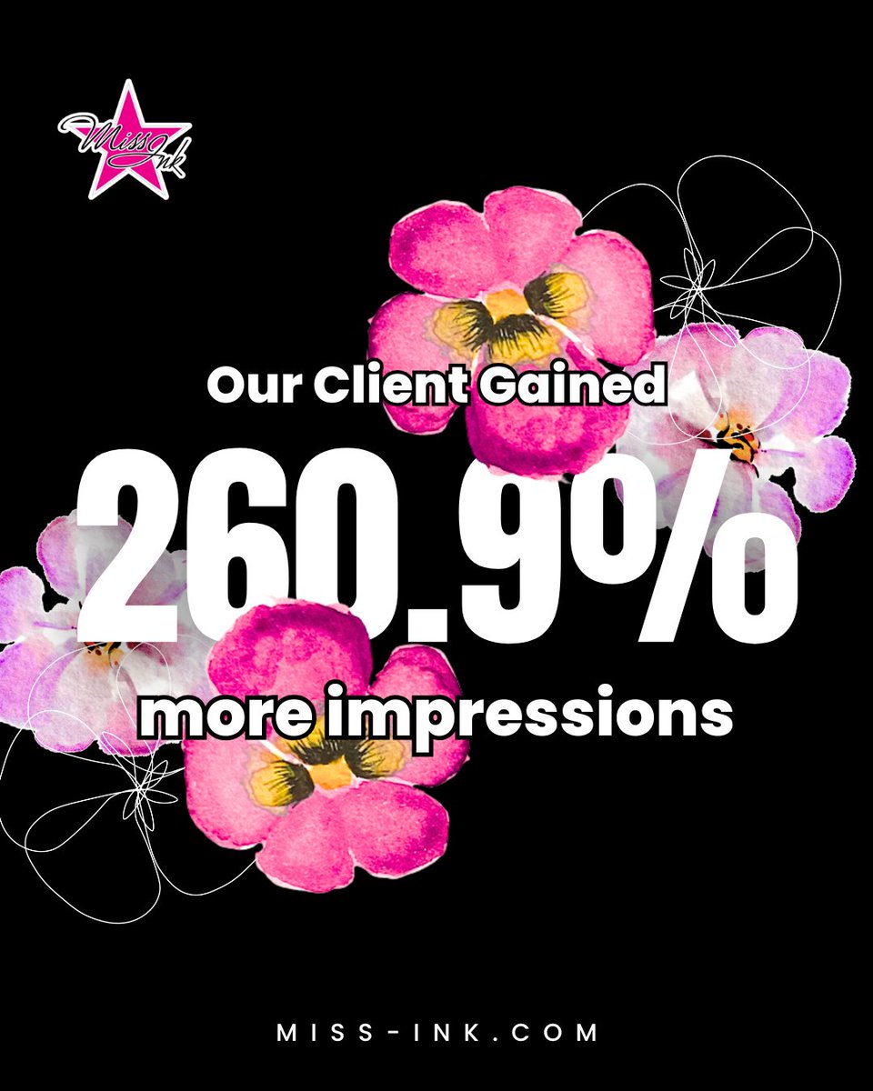 260.9% more impressions in just one week. 📈✨

How? By delivering personalized, curated social media content, managing every detail, and making sure every message spoke directly to the right audience.

Ready to elevate your brand’s visibility? Contact us: miss-ink.com