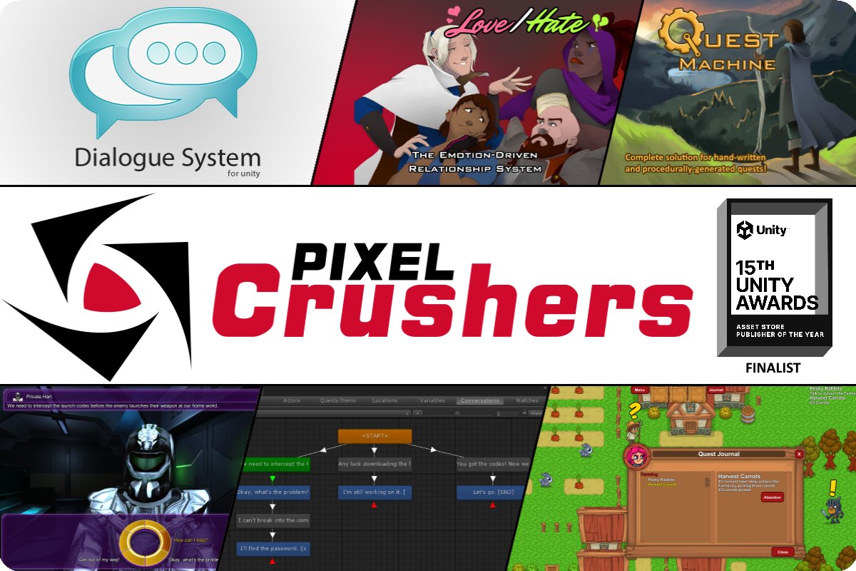 PixelCrushin's tweet image. Happy Holidays! Pixel Crushers assets including the Dialogue System for Unity, Quest Machine &amp;amp; Love/Hate are 50% off in the #UnityAssetStore New Year Sale! assetstore.unity.com/publishers/4521 
#unity #unity3d #AssetStore #gamedev