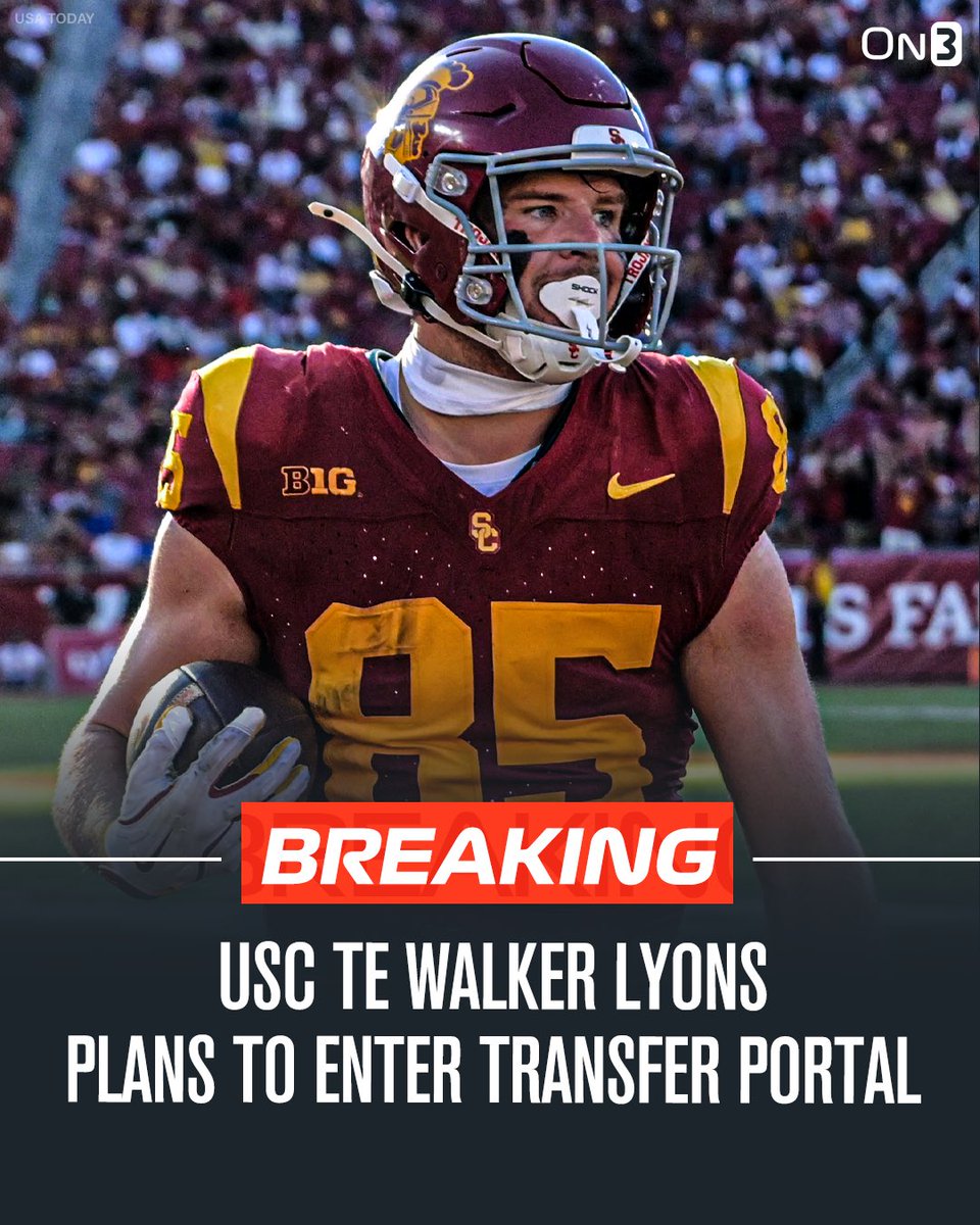 TransferPortal's tweet photo. NEW: USC TE Walker Lyons is planning on entering the NCAA Transfer Portal, CBS reports 

 https://t.co/PKCou3TmhM https://t.co/GNZytbOy2c