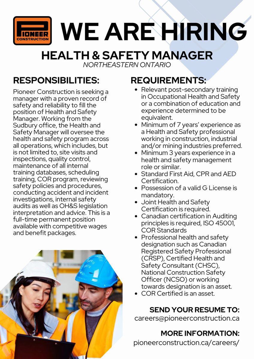 Are you a seasoned health and safety professional with a passion for creating safe, compliant and successful workplaces? Pioneer Construction is looking for a Health &amp; Safety Manager to lead our safety culture across all our operations in Northern Ontario!