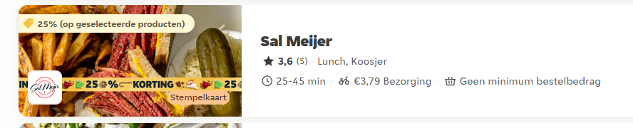 Kijk nou wat ik op Thuisbezorgd aantref!
Ik wist dat Sal Meijer met nieuwe eigenaren ergens een doorstart had gemaakt, maar de laatste keer dat ik er was, zaten ze nog in de Scheldestraat naast de slagerij, en was het van Maurits.