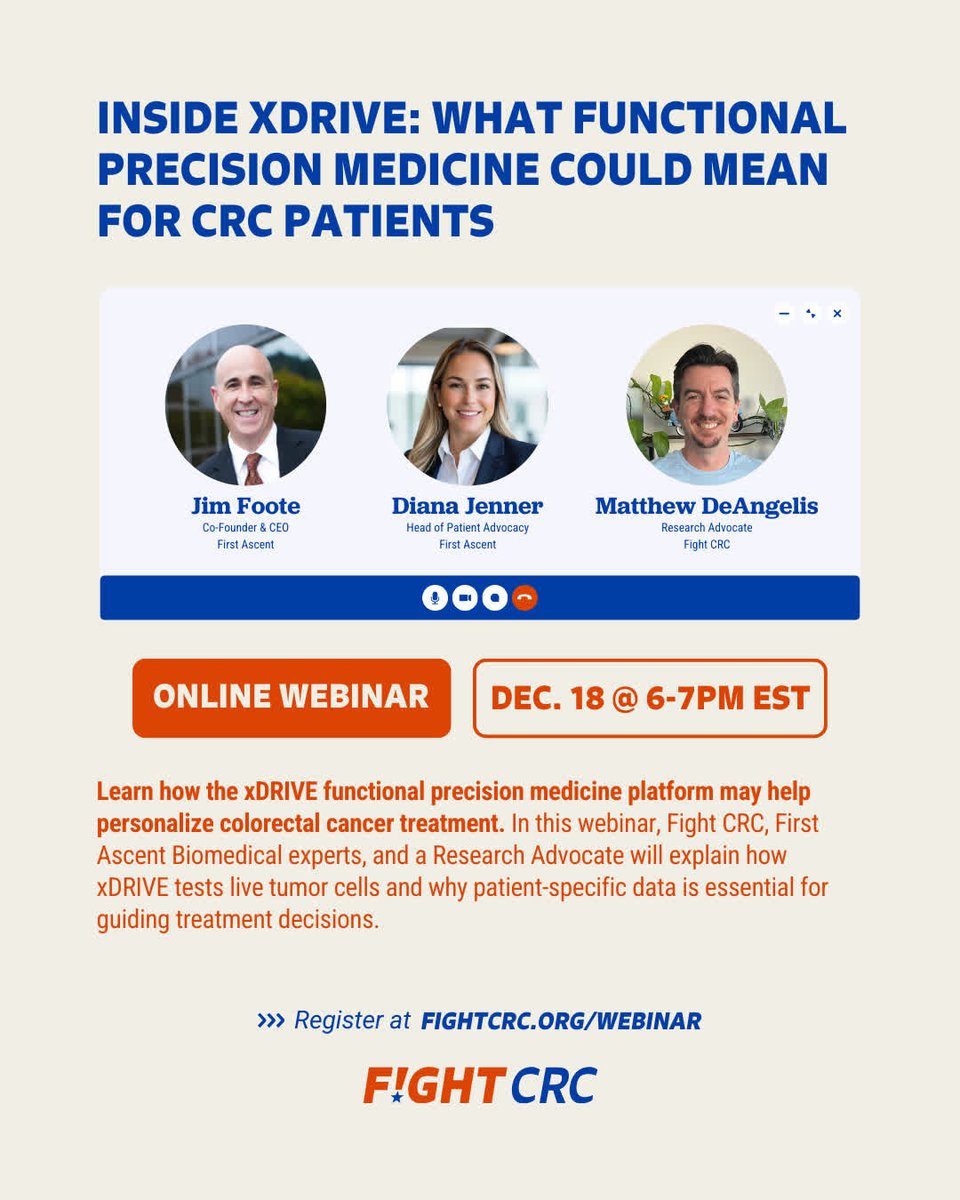 FightCRC's tweet image. Tomorrow at 6pm EST! 🚨

We're going inside First Ascent Biomedical's xDRIVE platform which tests live tumor cells against FDA-approved drugs to help guide #CRC treatment.

Hear from experts &amp;amp; Matthew DeAngelis, a Fight CRC Research Advocate.
👉 Register: fightcrc.org/xdrive
