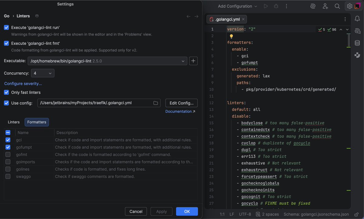 GoLandIDE's tweet photo. GoLand 2025.3 adds support for the new golangci-lint `fmt` command.

With the option to configure your preferred formatters and run them on save as part of your linting workflow, you can say goodbye to separate file watchers!

#NewInGoLand https://t.co/qsKf268V7N