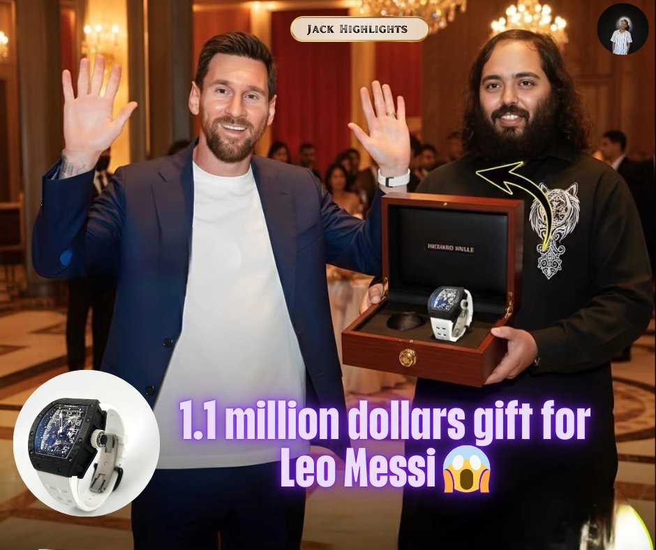 JackHighlights's tweet photo. 🚨 MESSI RECEIVES A $1.1M WATCH IN INDIA ⌚️😱

Lionel Messi was gifted an ultra-rare Richard Mille RM 003 “Asia Edition” during his India visit.
Worth around $1.1 million, the luxury watch highlights Messi’s global influence beyond football. 🐐✨ https://t.co/TQGHeAvV15