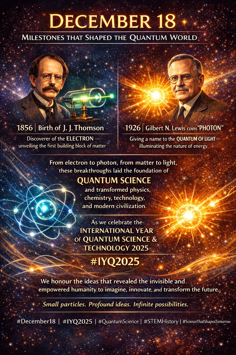 narottamsahoo's tweet image. December 18 - A luminous chapter in the story of science.

From the birth of J. J. Thomson (1856), who revealed the #electron, to Gilbert N. Lewis (1926) giving the world the word #photon, this day marks #humanity’s first steps into the #quantum realm.

As we celebrate #IYQ2025,