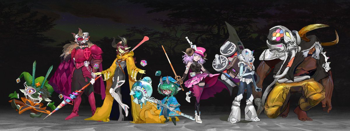 D1nt0n's tweet photo. Rainbow Goblins Line-up

Seven colors. Seven hungers.
Bound by greed, purpose, and fascination, they march as one, a spectrum twisted against its source. https://t.co/5VXjmud35U
