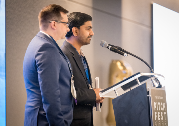 MenonLab's tweet photo. At the Yale Life Sciences Pitchfest (Dec 4), semifinals for the Blavatnik Fund for Innovation. Anand Reghuvaran and Gabriel Barsotti from the Menon Lab presented work on the SHROOM3–ROCK interaction, designing precision therapeutics for chronic kidney disease. @YaleNephrology https://t.co/IUF61cfS1f